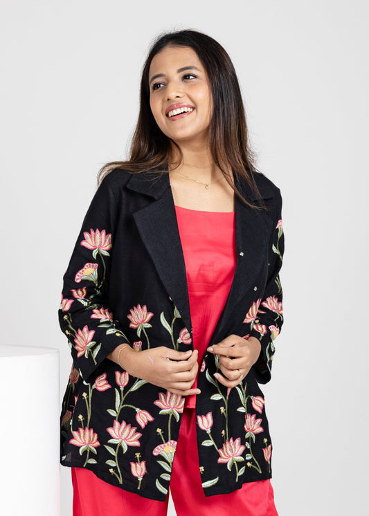 Midnight Bloom Embroidered Blazer