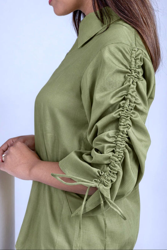 Olive Ruched Zipper Shirt