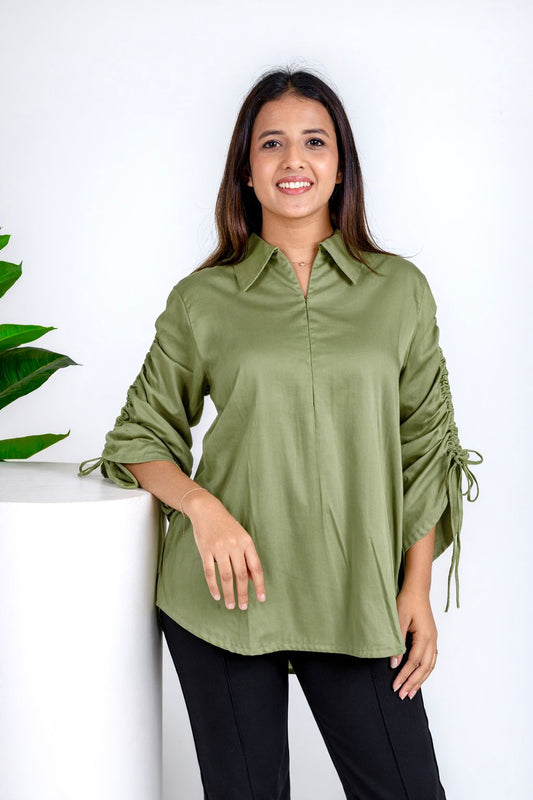 Olive Ruched Zipper Shirt